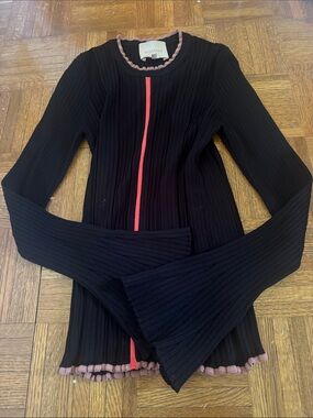 Roksanda Black Ribbed Long Sleeve Top with Pink Trim bell sleeves